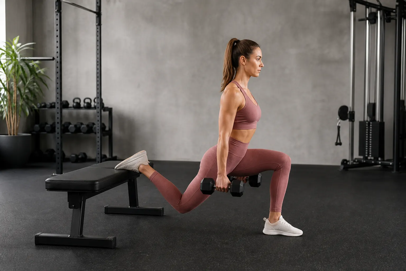 Woman performing a Bulgarian split squat with her rear foot elevated