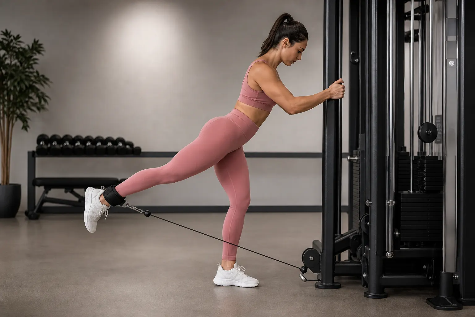 Woman performing a standing cable kickback