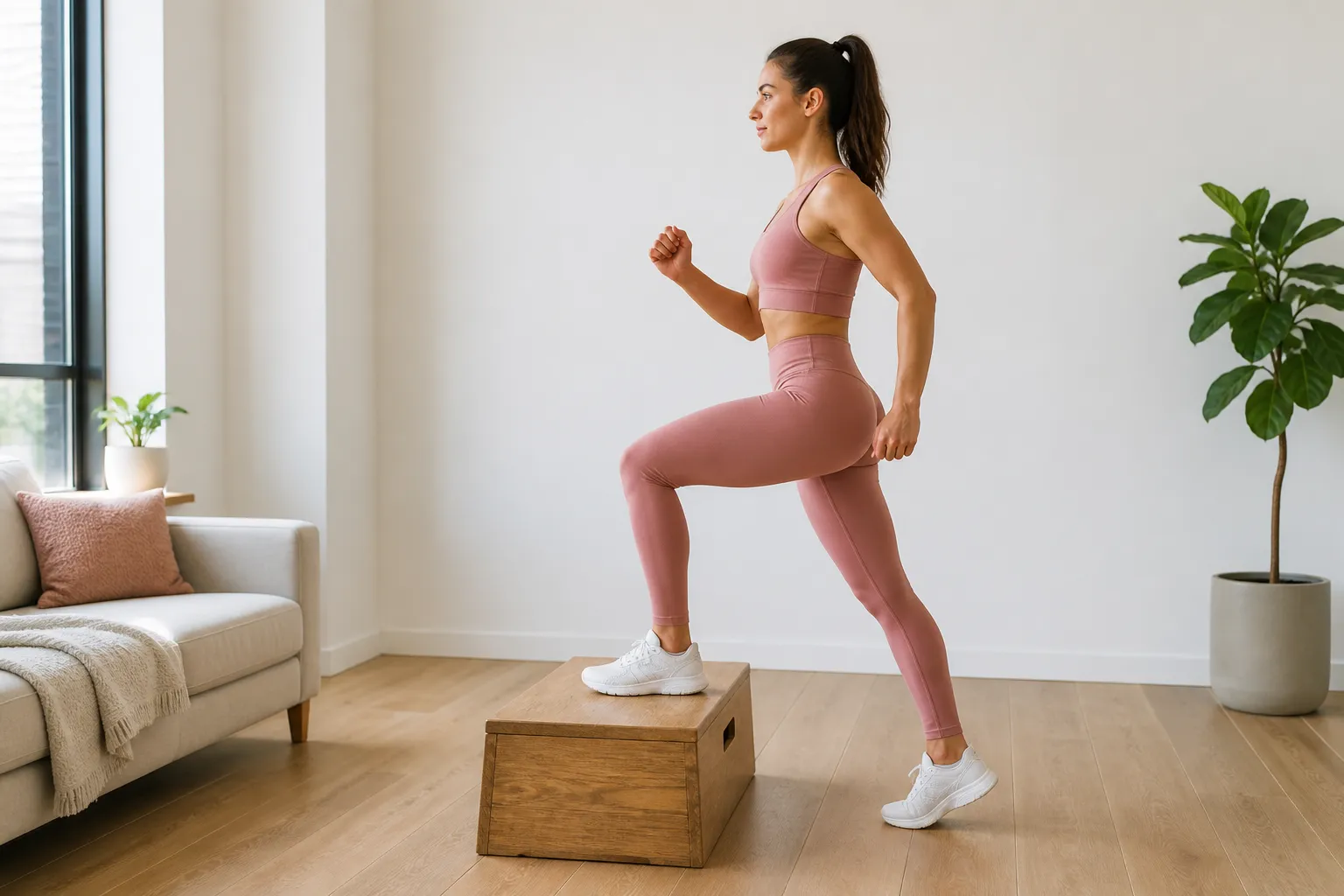 Bodyweight step-up performed on a stable exercise box